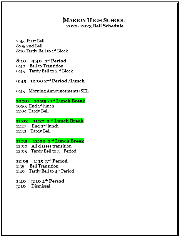 MHS Bell Schedule '22-'23 MHS Bell Schedule '22-'23